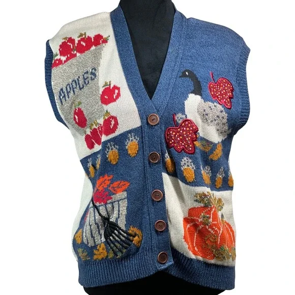 VTG Sweater Loft New York Harvest Knit Vest Apples Pumpkin S USA Autumn granny - Picture 1 of 11